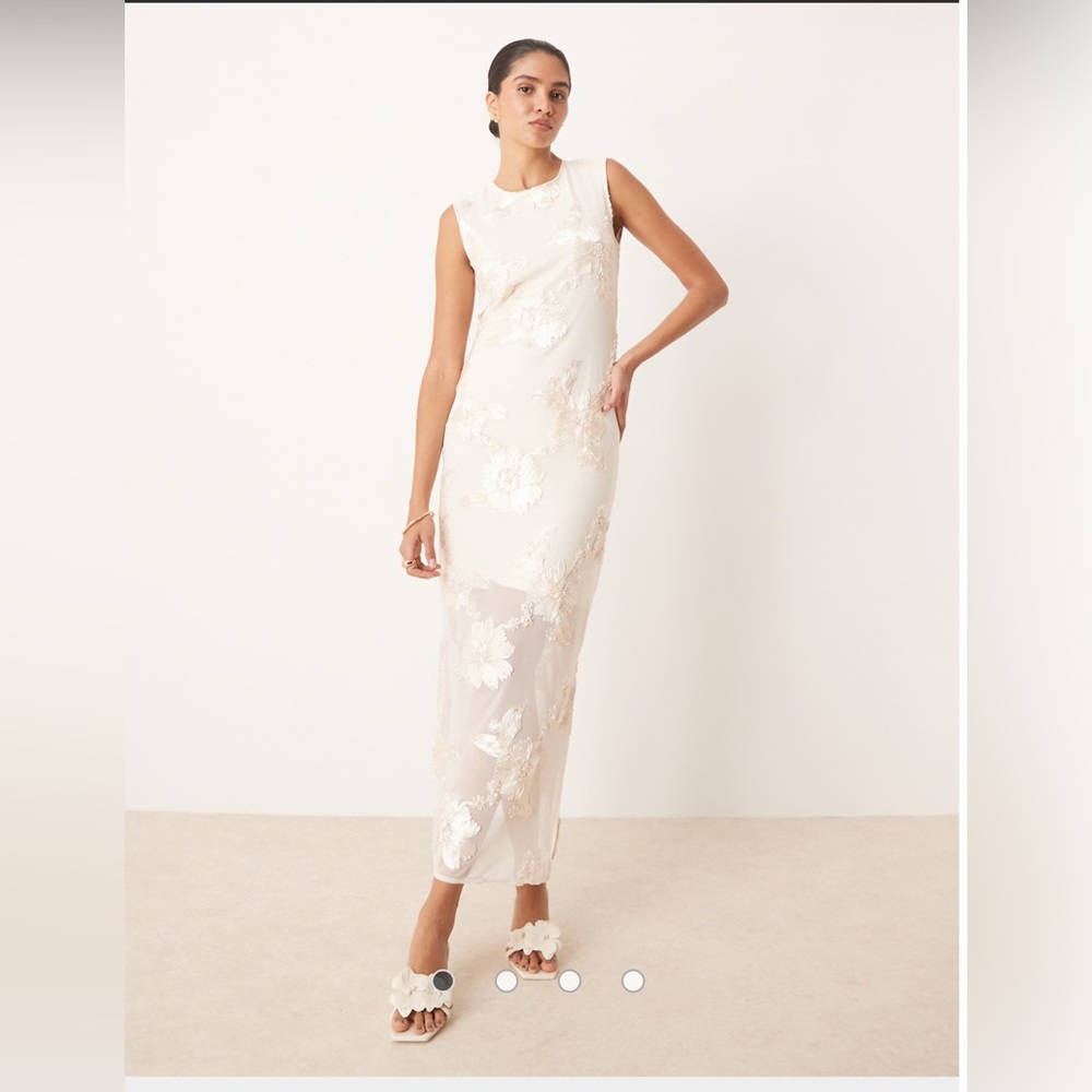 YAS floral applique sheer hem midi dress in cream